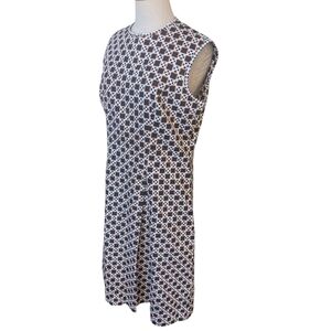 Vintage McMullen sleeveless shift dress W high neckline, neutral print. 16.